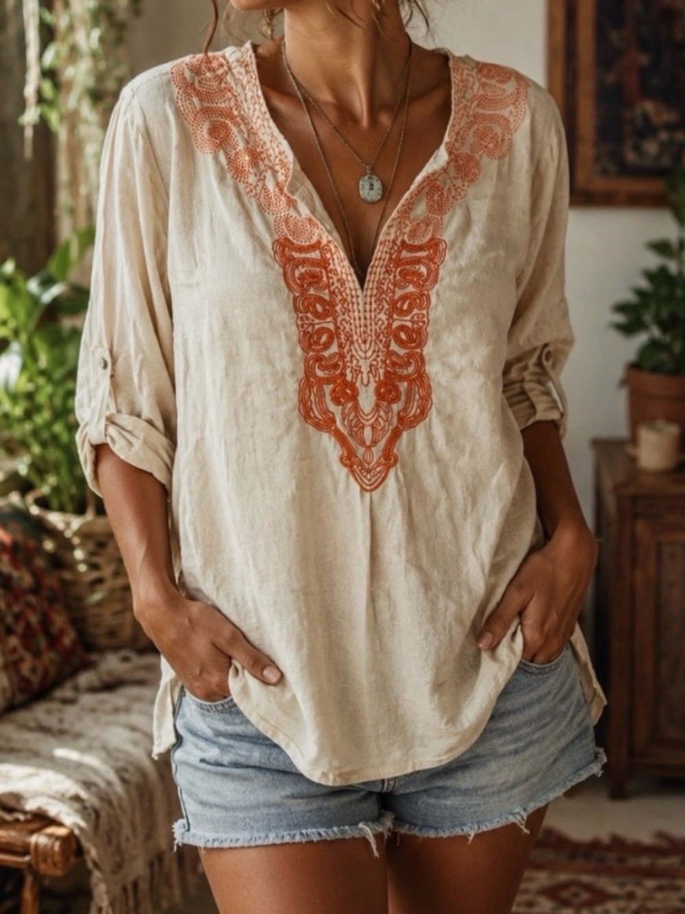 Women’s Linen Embroidered Boho Tunic Blouse Coastal Tribal Lagenlook Festival